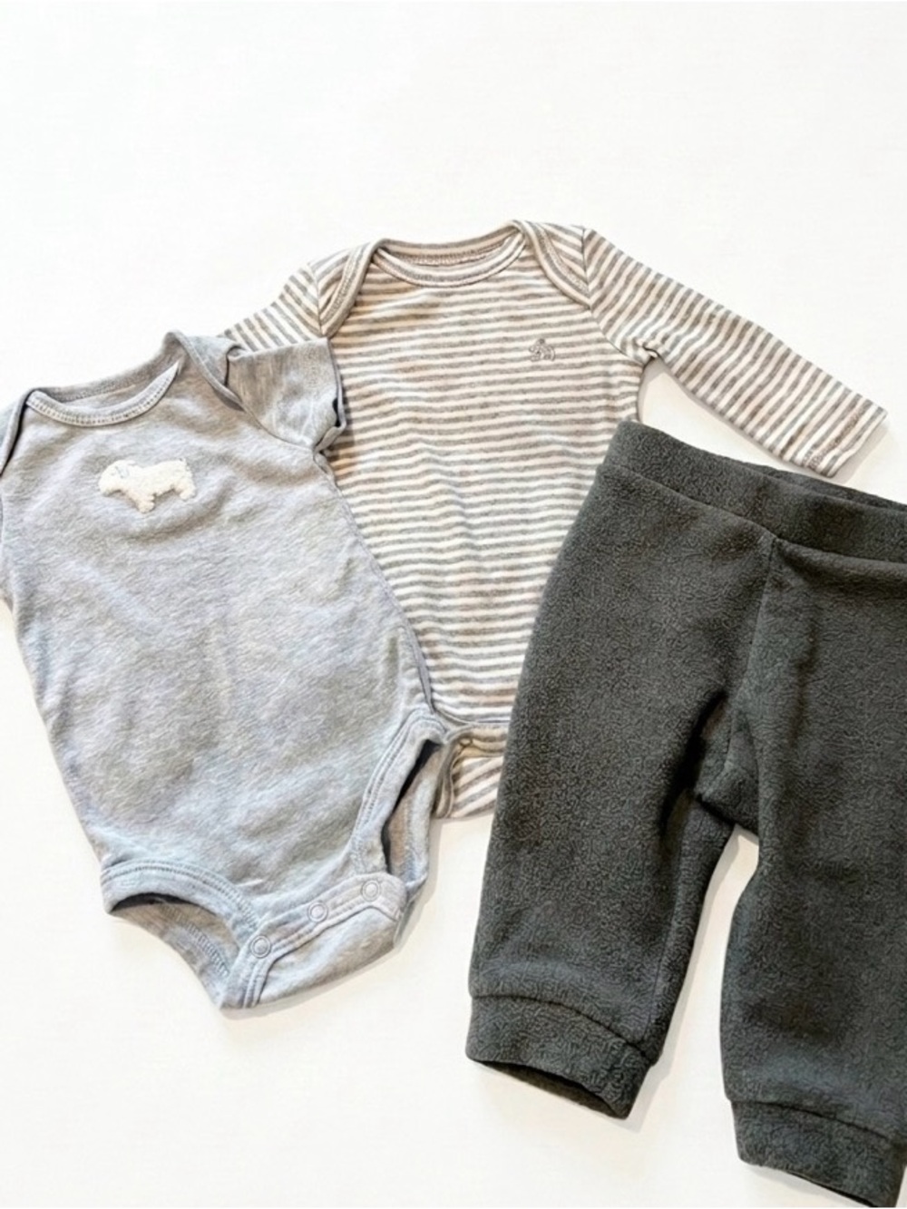Neutral Grey Baby One-Piece Trio — Soft Everyday Bodysuits & Pants